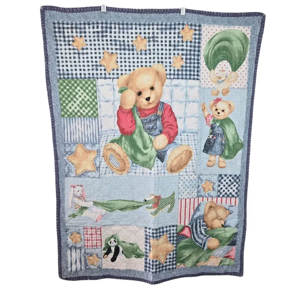 Vtg Blue Jean Teddy Bear Nursery Crib Quilt Baby Blanket Lovey 31.5